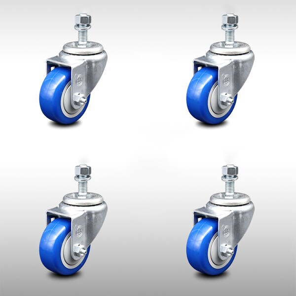 Service Caster 3 Inch SS Blue Polyurethane Wheel Swivel 12mm Threaded Stem Caster Set SCC SCC-SSTS20S314-PPUB-BLUE-M1215-4 - main